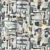 Detail of fabric in an abstract layered paint blotch print in shades of gray, white, olive and purple.