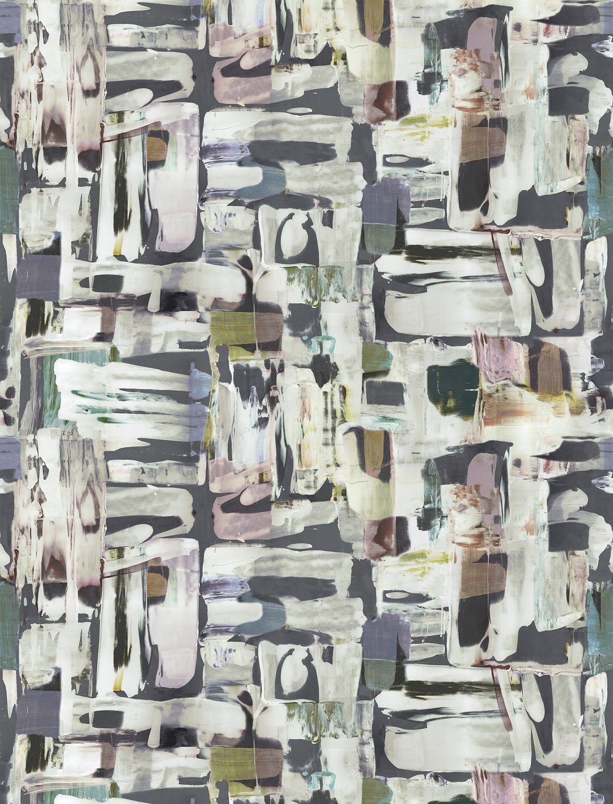 Detail of fabric in an abstract layered paint blotch print in shades of gray, white, olive and purple.