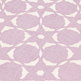Fabric yardage in a floral lattice print in cream on a light purple field.