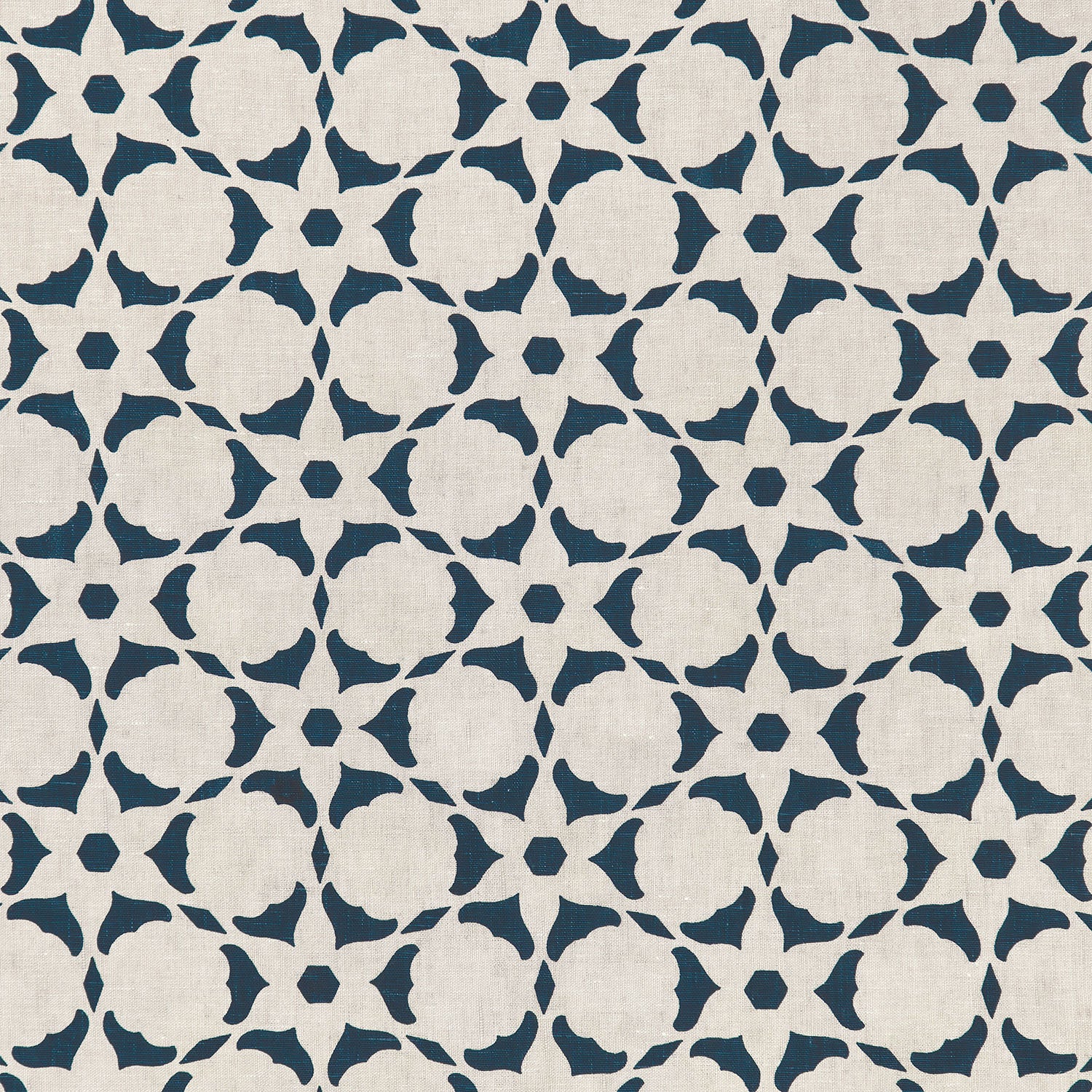 Fabric in a floral lattice print in navy on a cream field.
