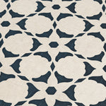 Fabric yardage in a floral lattice print in navy on a cream field.