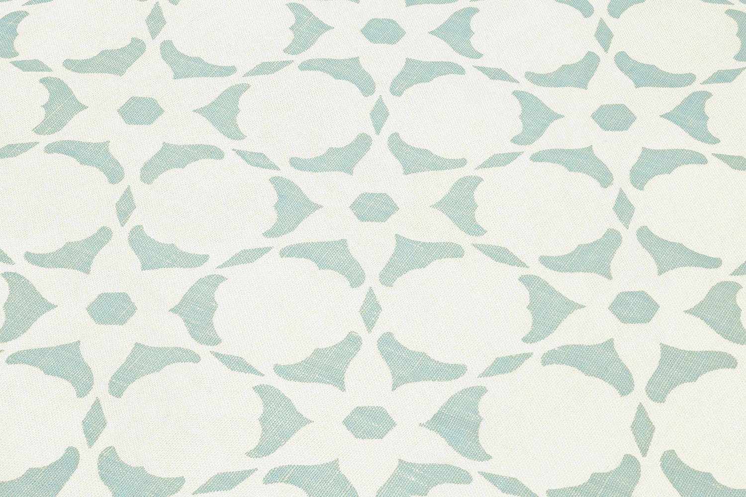 Fabric yardage in a floral lattice print in turquoise on a white field.