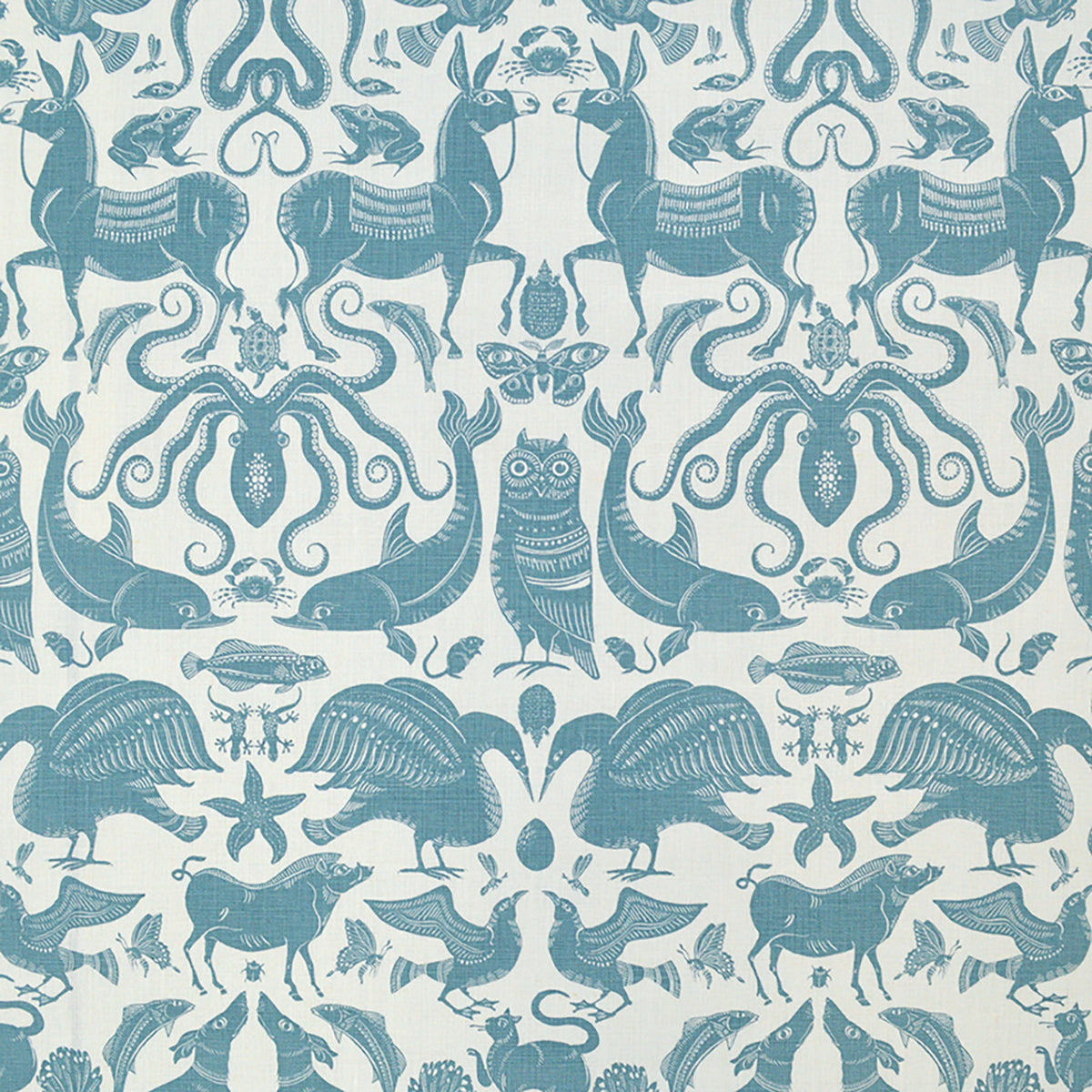 Patterned fabric with animals and sea creatures in light blue on a white background