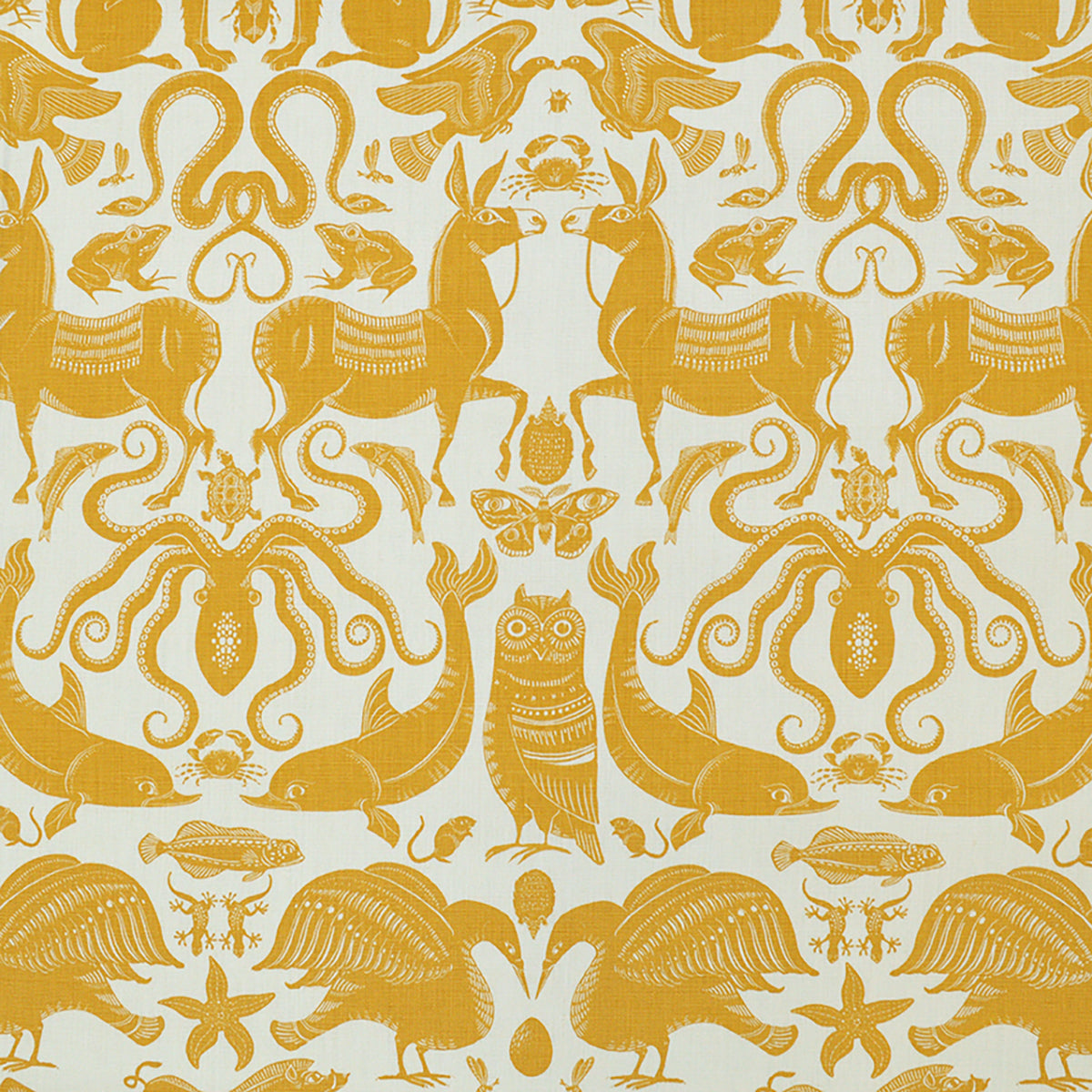 Patterned fabric with animals and sea creatures in yellow on a white background