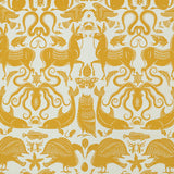 Patterned fabric with animals and sea creatures in yellow on a white background