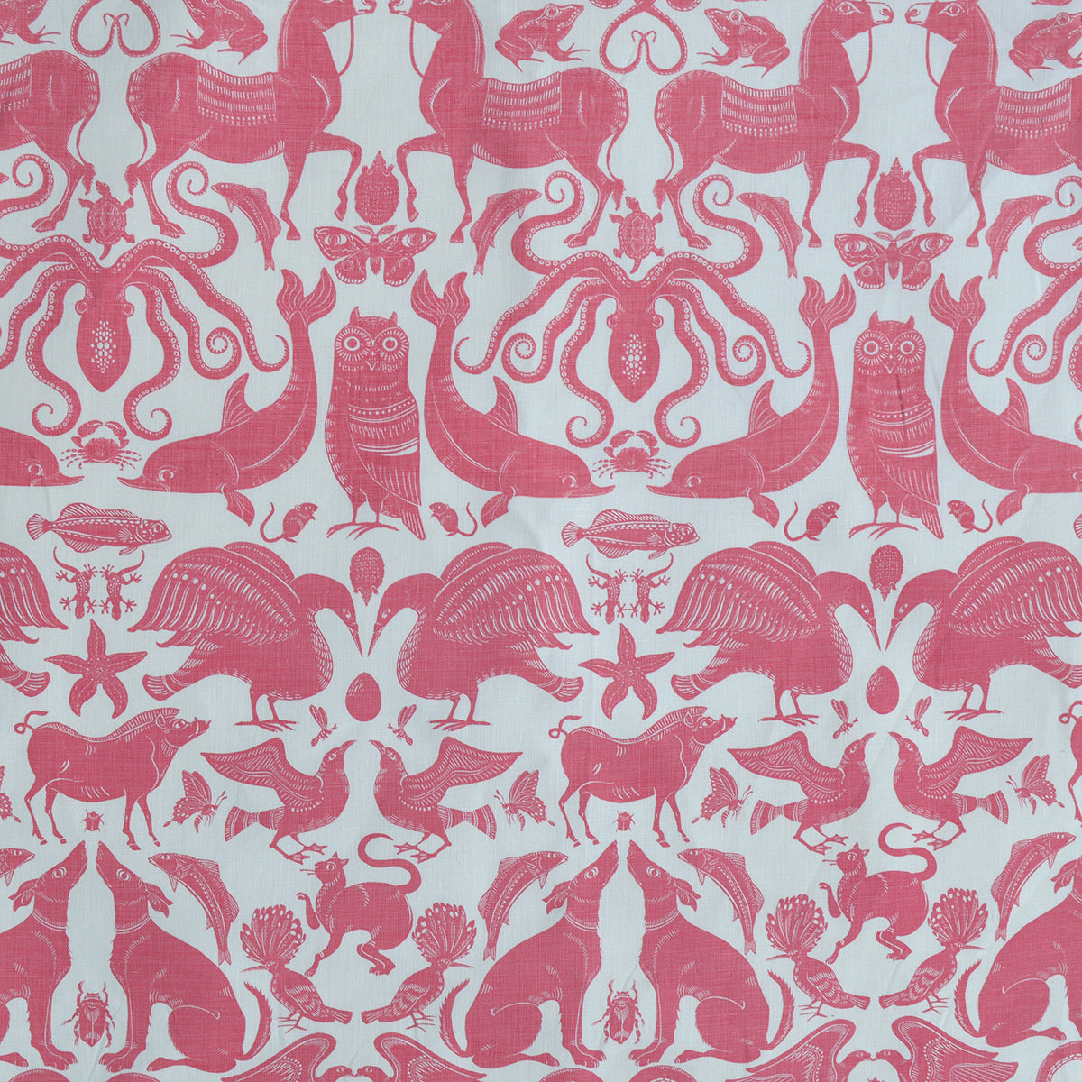 Patterned fabric with animals and sea creatures in pink on a white background