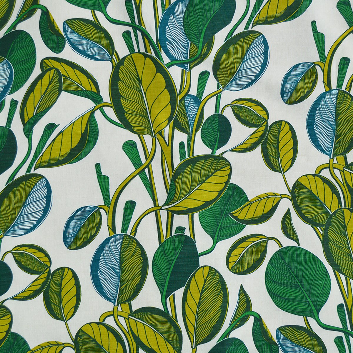 Pattern of green and blue leaves on a white background
