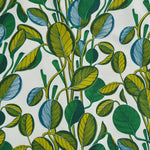 Pattern of green and blue leaves on a white background