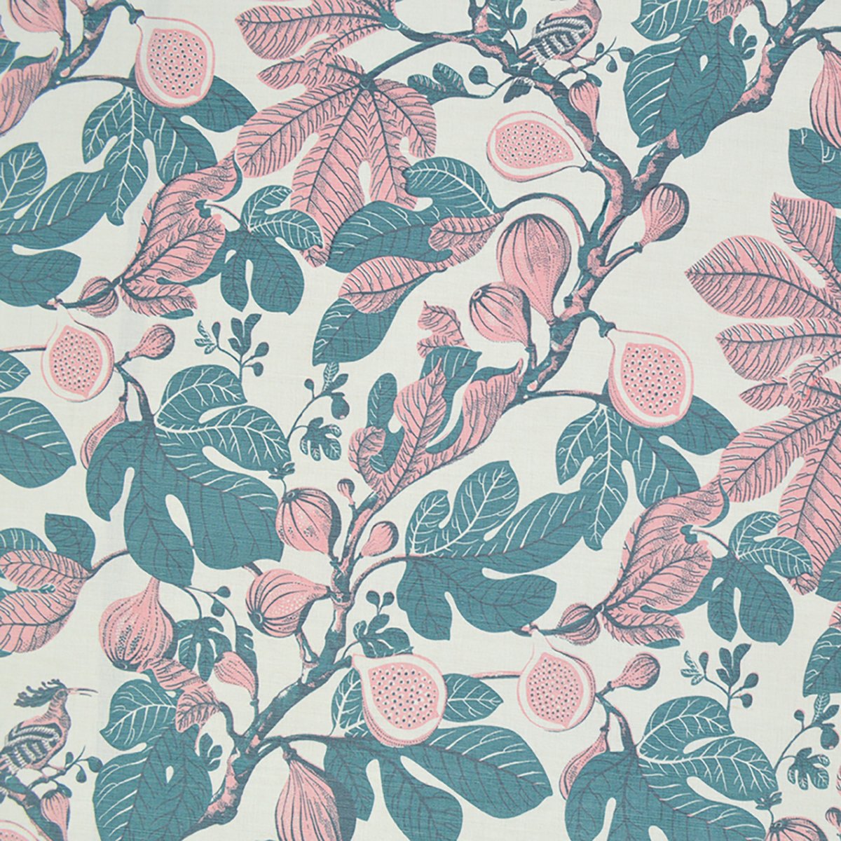 Pattern of pink and turquoise leaves and fruits on a light background