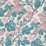 Pattern of pink and turquoise leaves and fruits on a light background