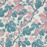 Pattern of pink and turquoise leaves and fruits on a light background