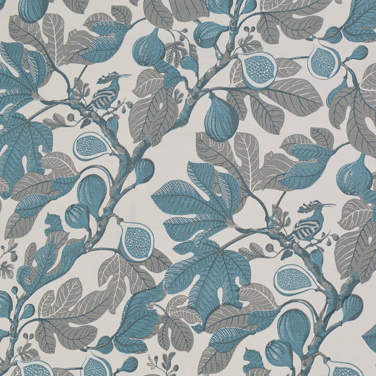 Patterned fabric with blue and gray leaves and fruits on a light background