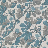 Patterned fabric with blue and gray leaves and fruits on a light background