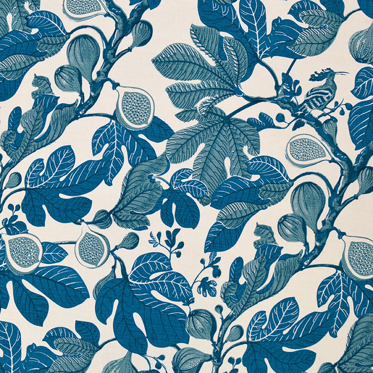 Pattern of blue leaves and figs on a beige background