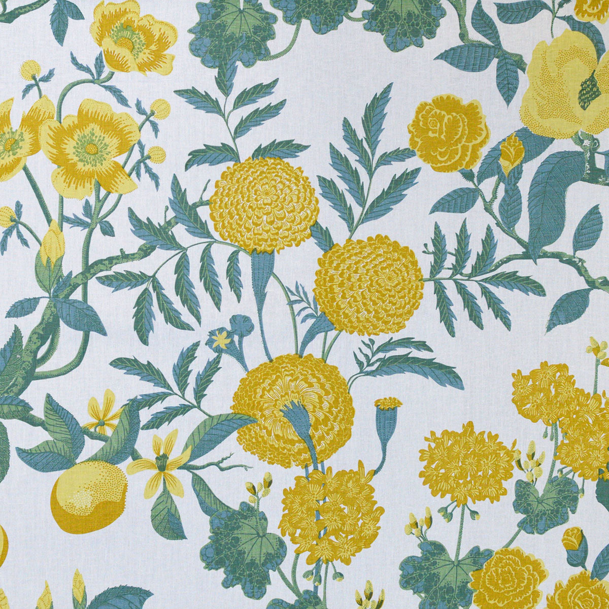 Floral pattern with yellow flowers and green leaves on a white background