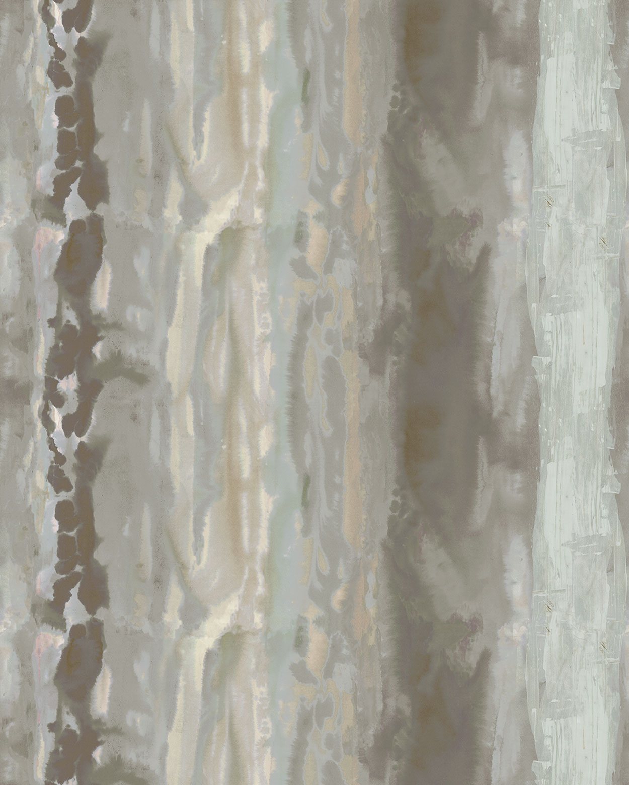 Detail of fabric in an abstract paint swatch print in shades of brown, gray and blue.