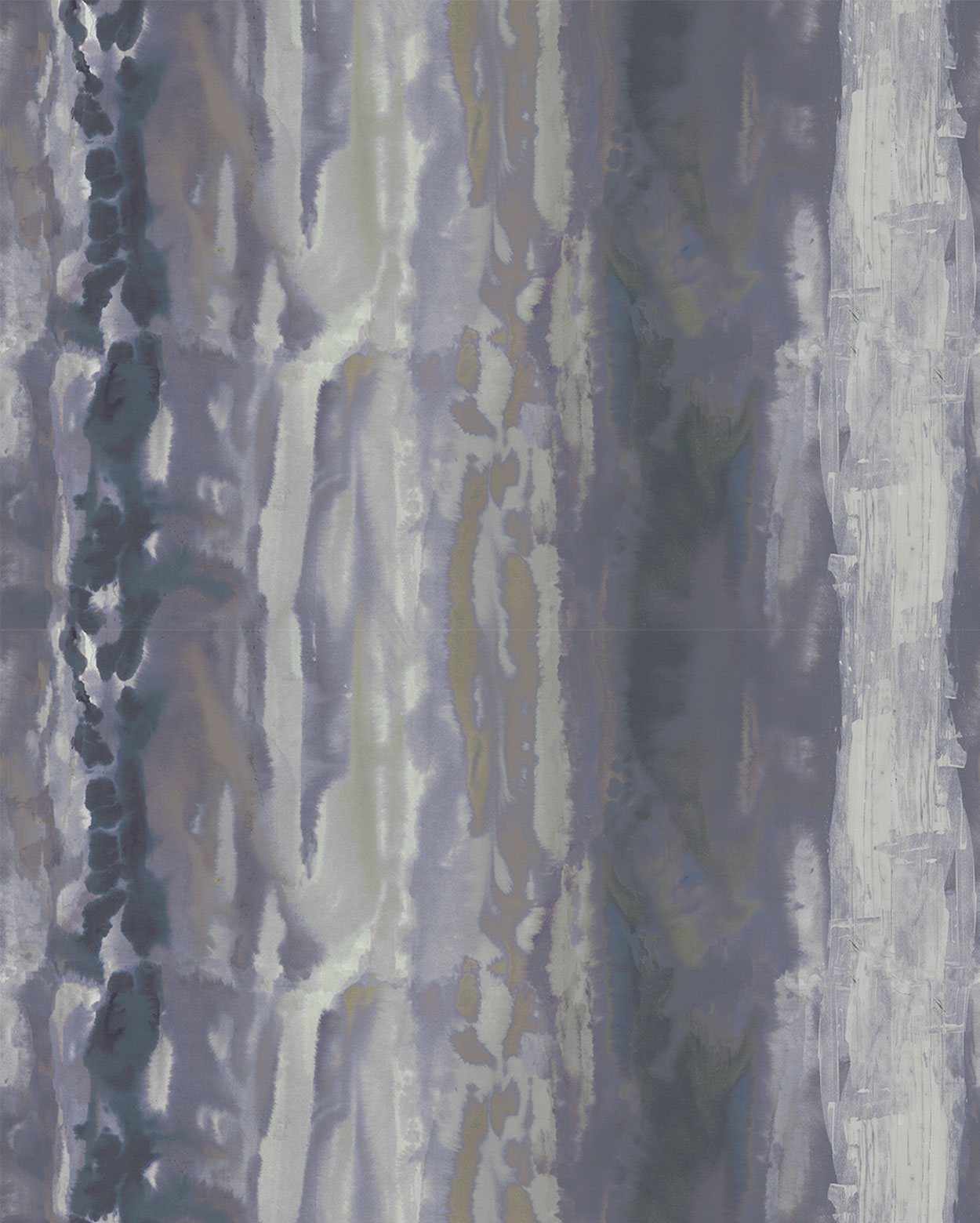 Detail of fabric in an abstract paint swatch print in shades of purple, blue and gray.