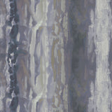 Detail of fabric in an abstract paint swatch print in shades of purple, blue and gray.