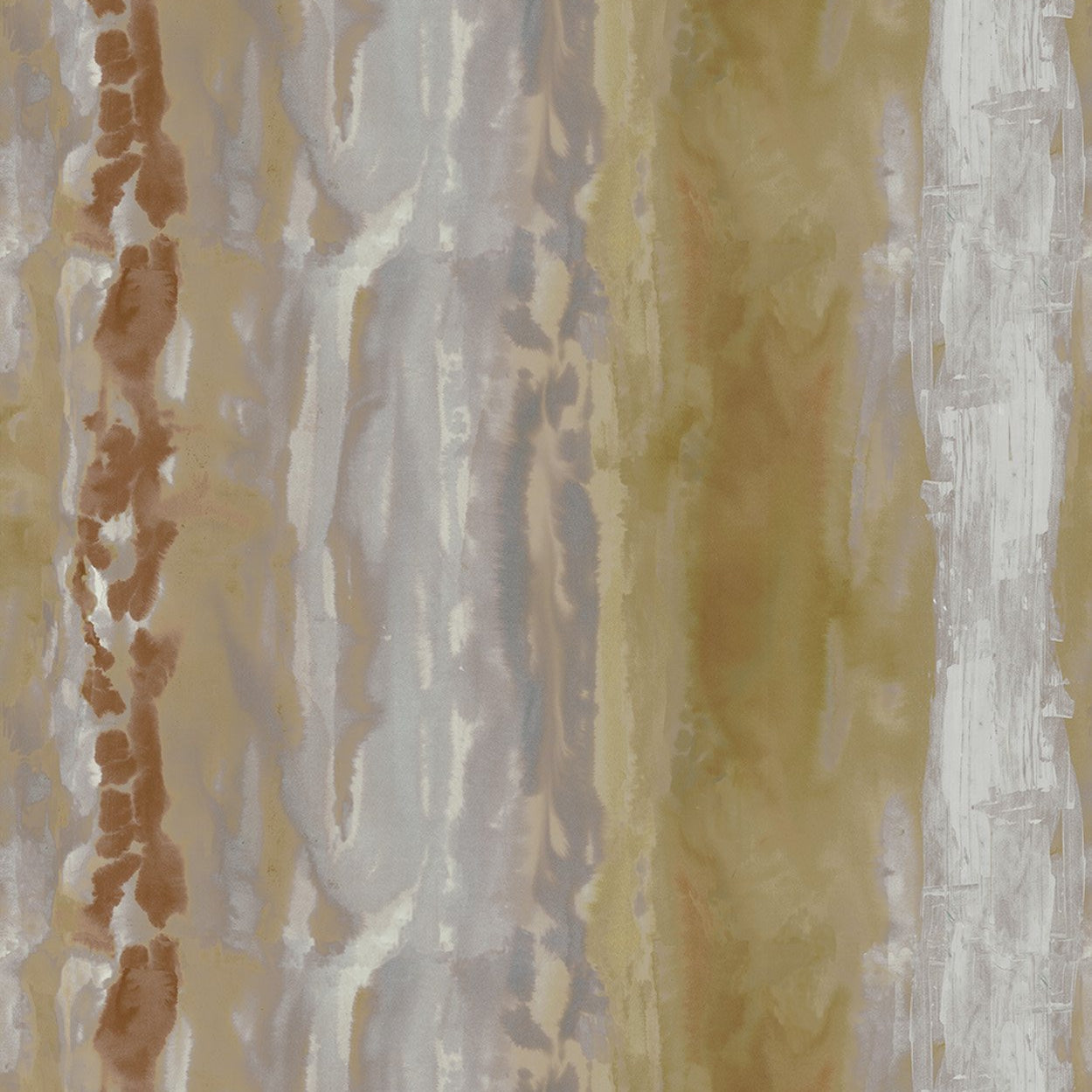 Detail of fabric in an abstract paint swatch print in shades of tan, gold and gray.