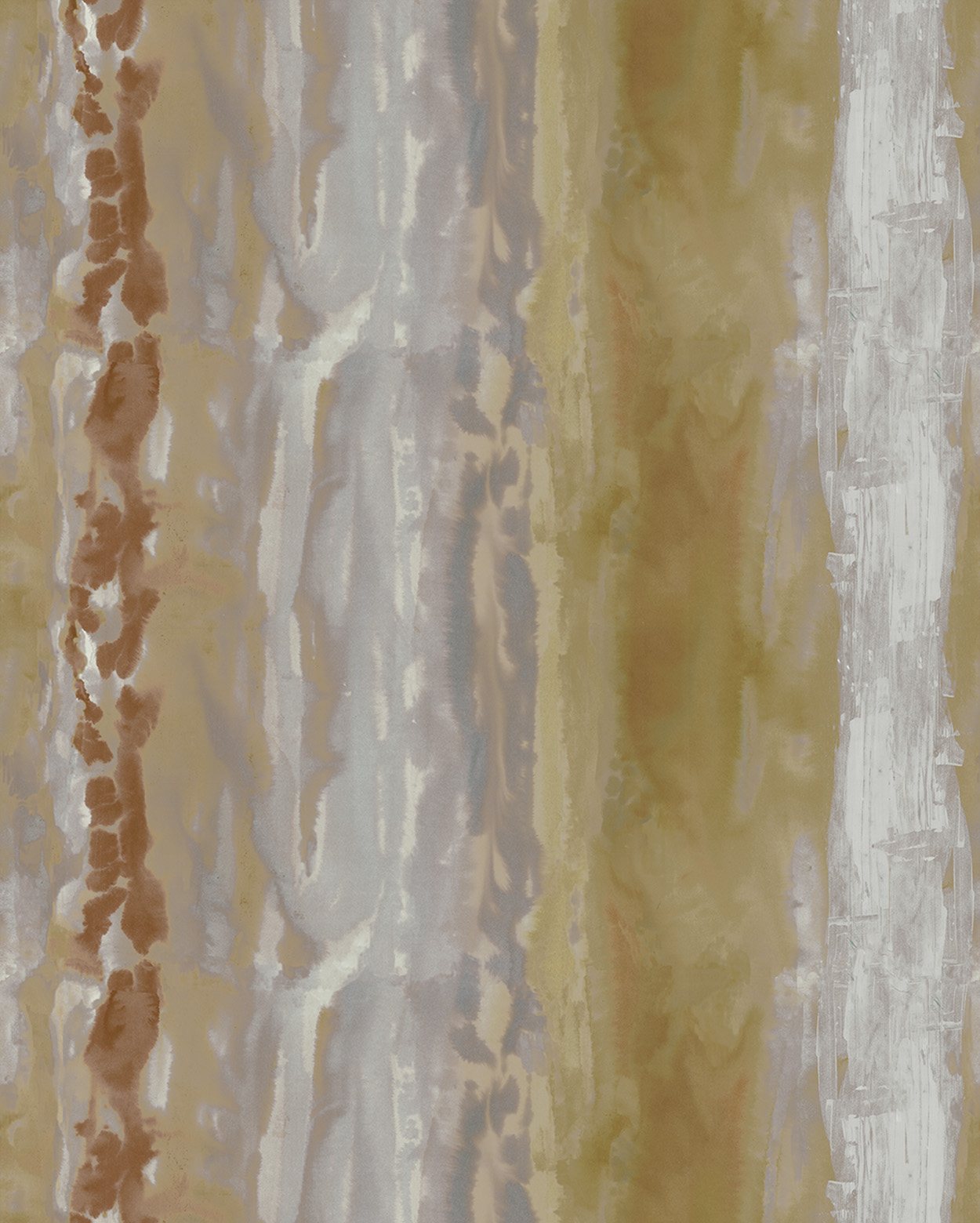 Detail of fabric in an abstract paint swatch print in shades of tan, gold and gray.