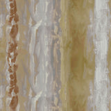 Detail of fabric in an abstract paint swatch print in shades of tan, gold and gray.