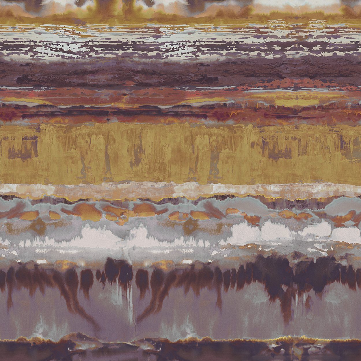 Detail of fabric in an abstract paint swatch print in shades of mauve, pink and yellow.