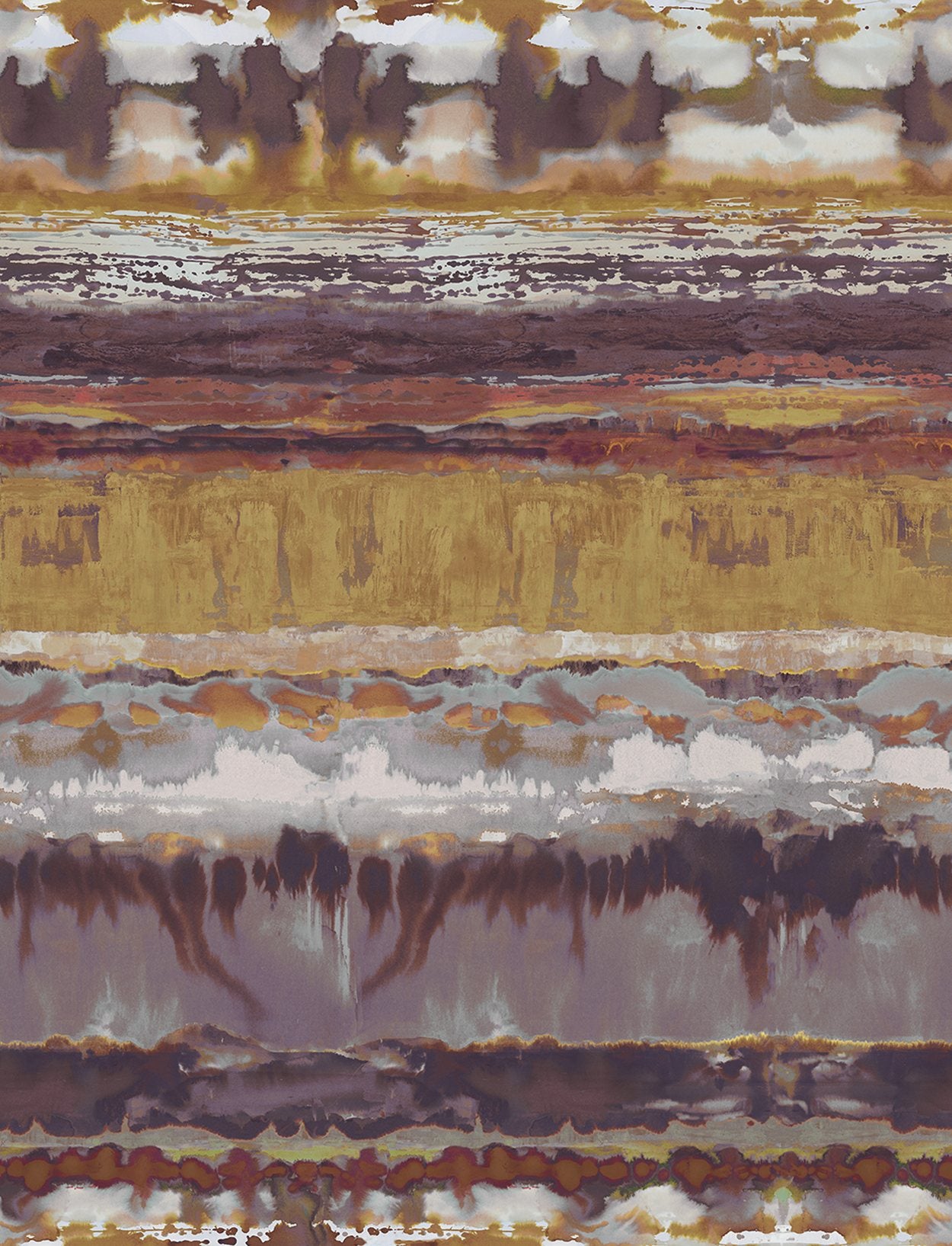 Detail of fabric in an abstract paint swatch print in shades of mauve, pink and yellow.