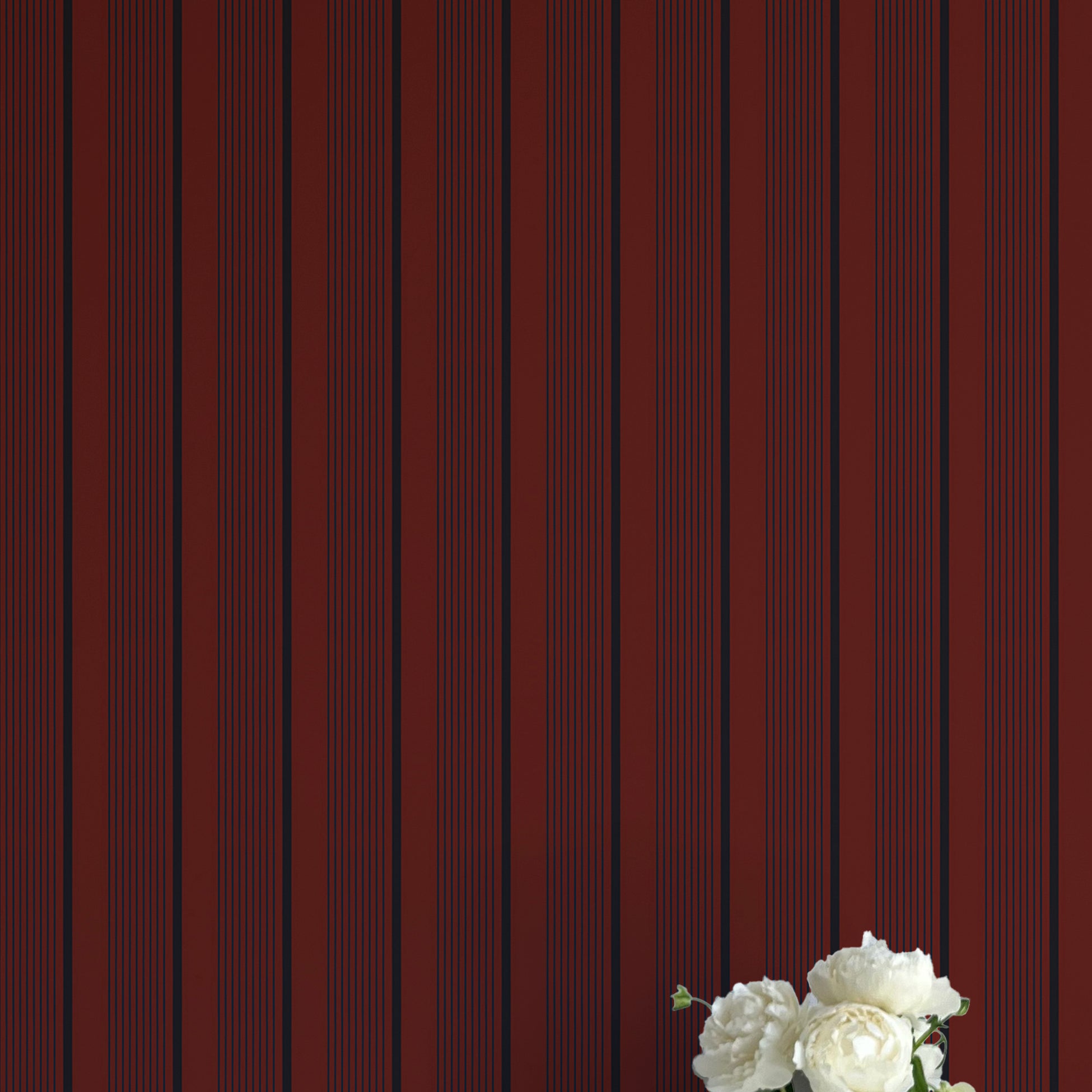 Vase with white flowers against a red striped background