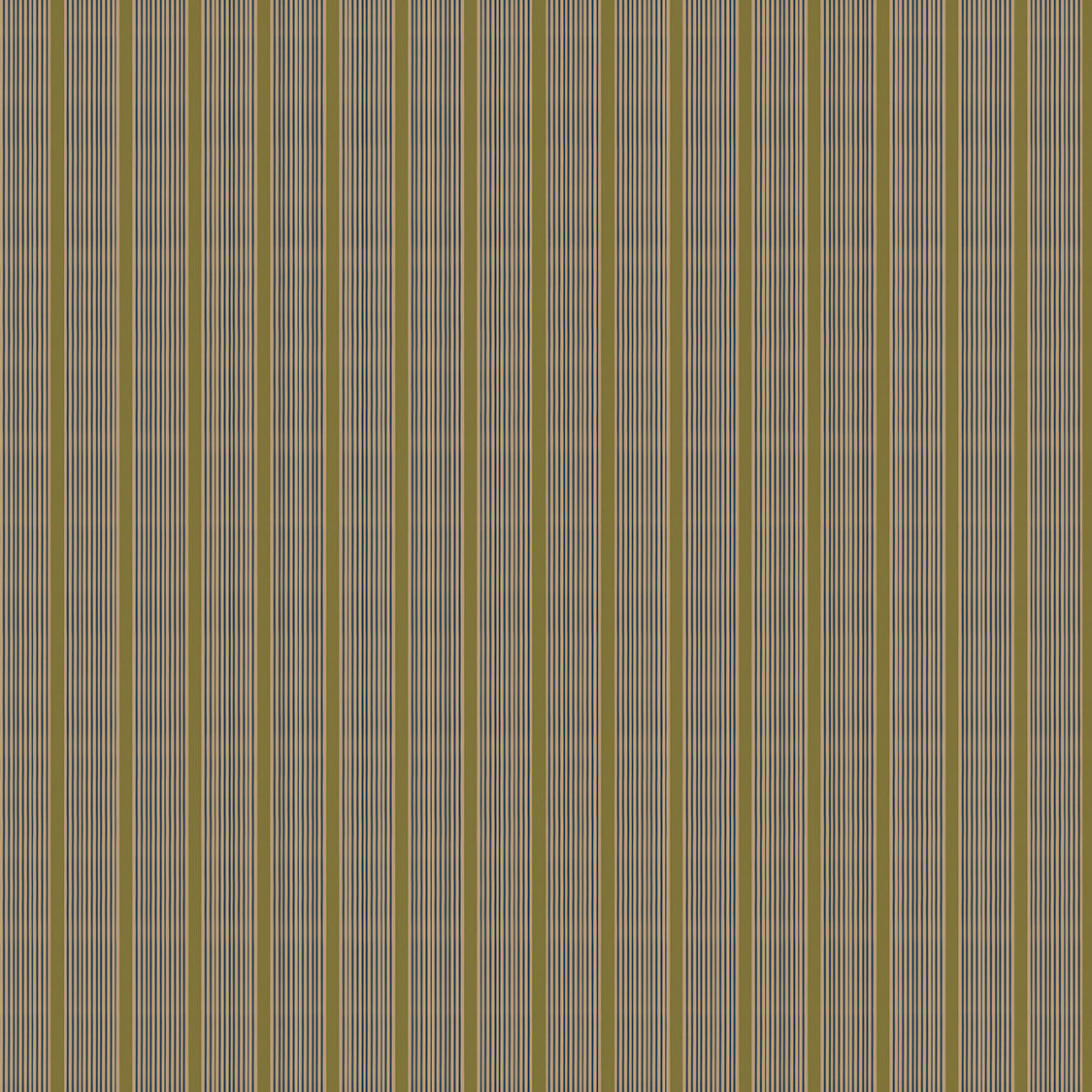 Mixed width striped wallpaper in olive green, taupe and hunter green.