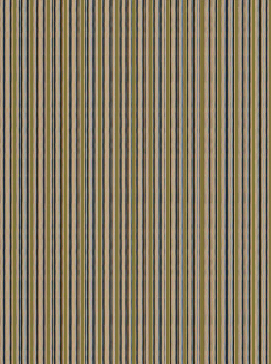 Mixed width striped wallpaper in olive green, taupe and hunter green.