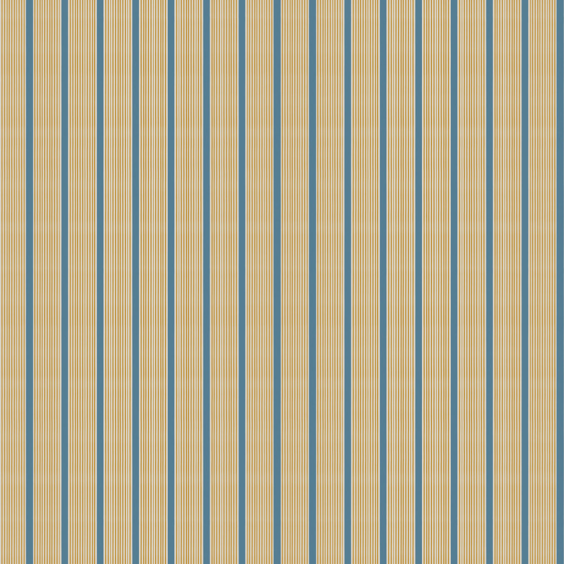 Mixed width striped wallpaper in blue, cream and yellow