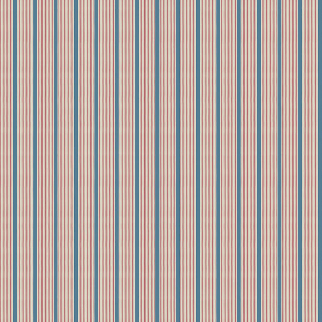 Mixed width striped wallpaper in blue, cream and red.