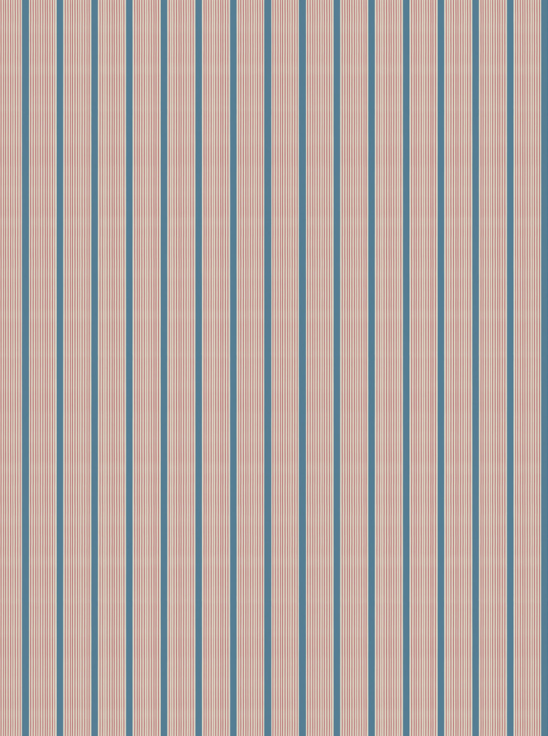 Mixed width striped wallpaper in blue, cream and red.
