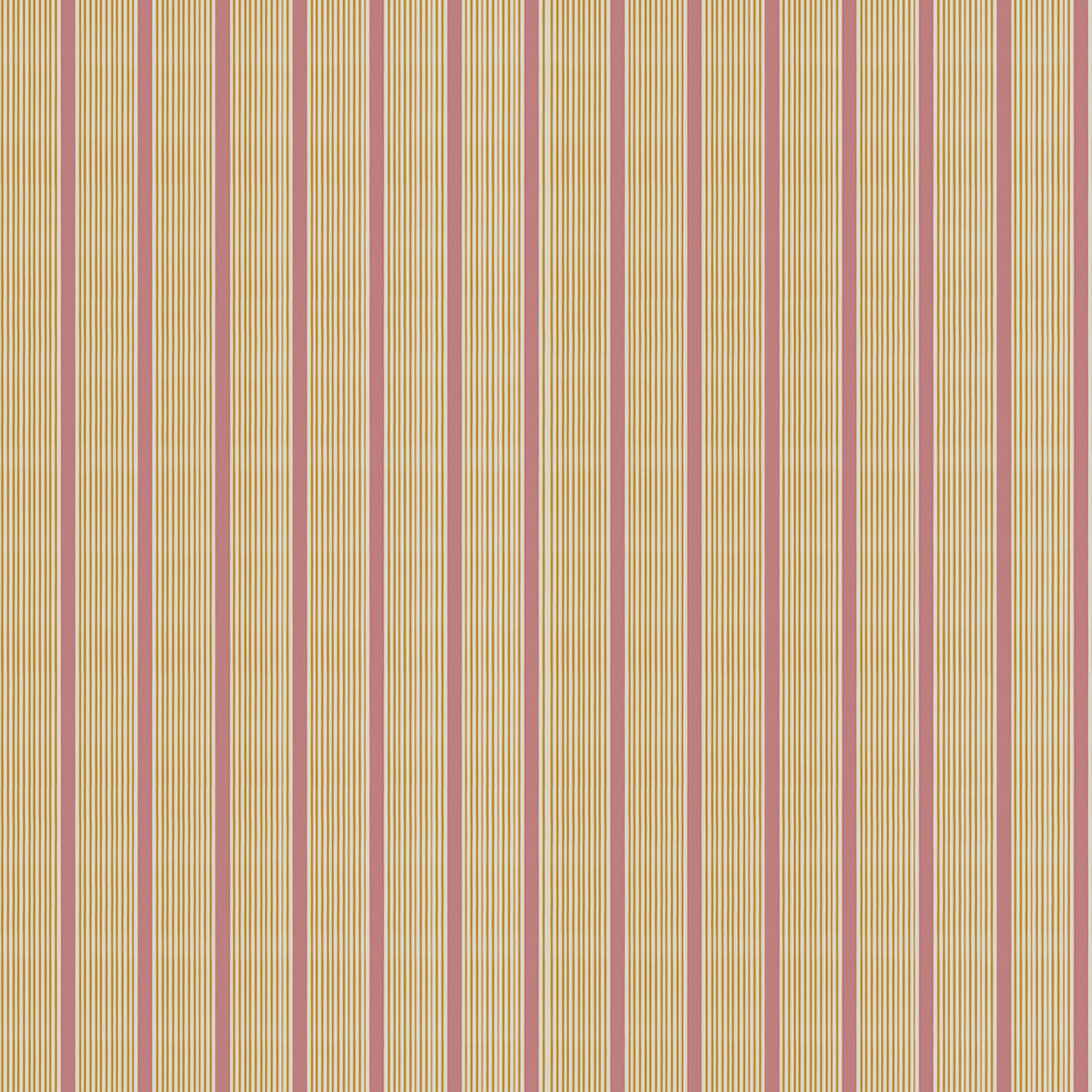 Mixed width striped wallpaper in pink, yellow and cream.