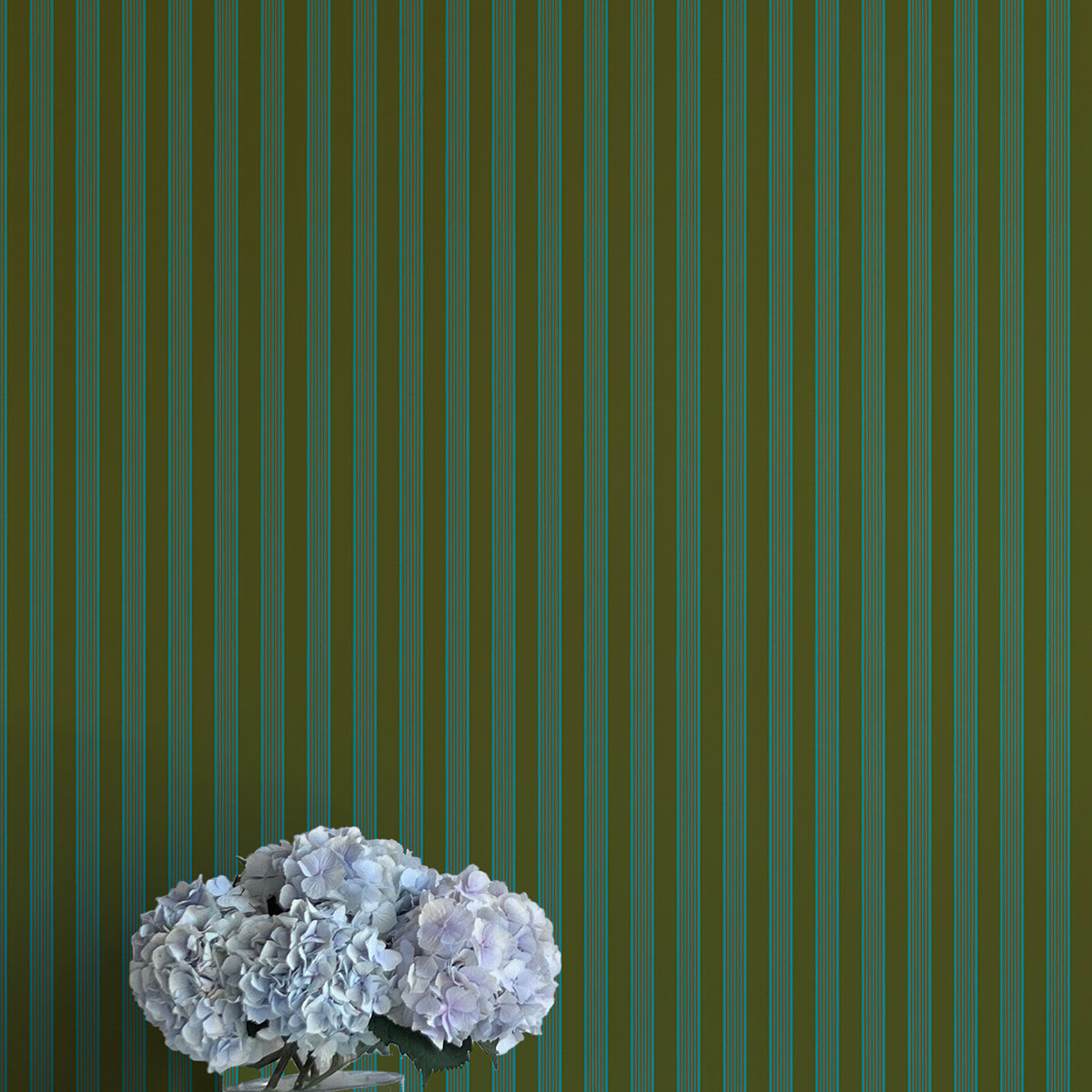 Striped green wallpaper with a vase of flowers in the foreground