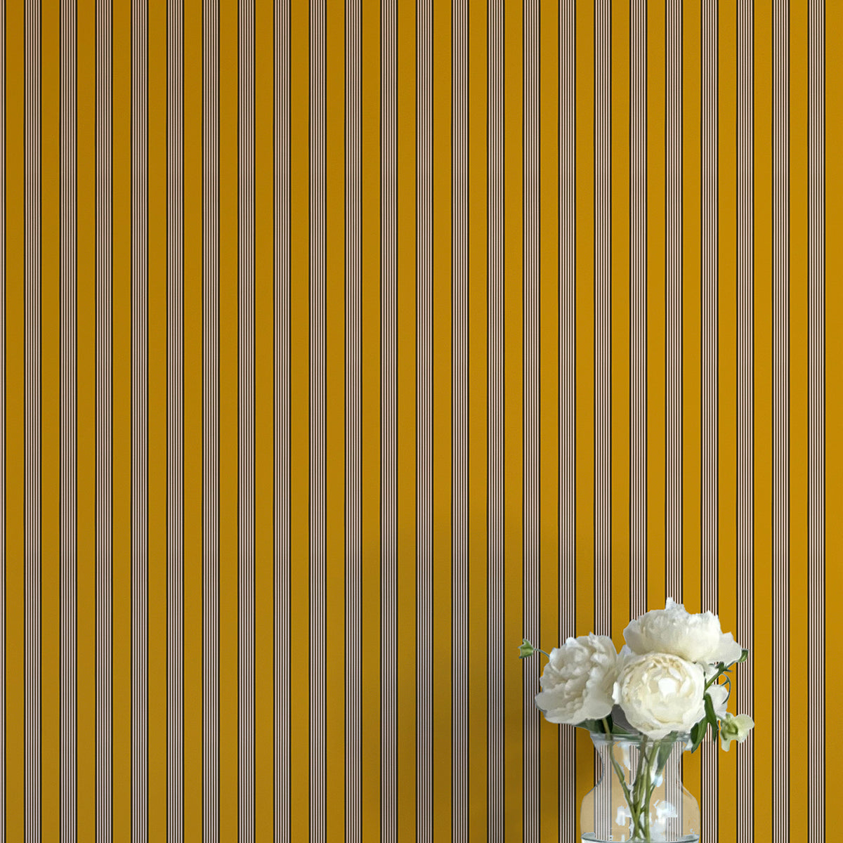 Striped wallpaper with a vase of flowers on a flat surface