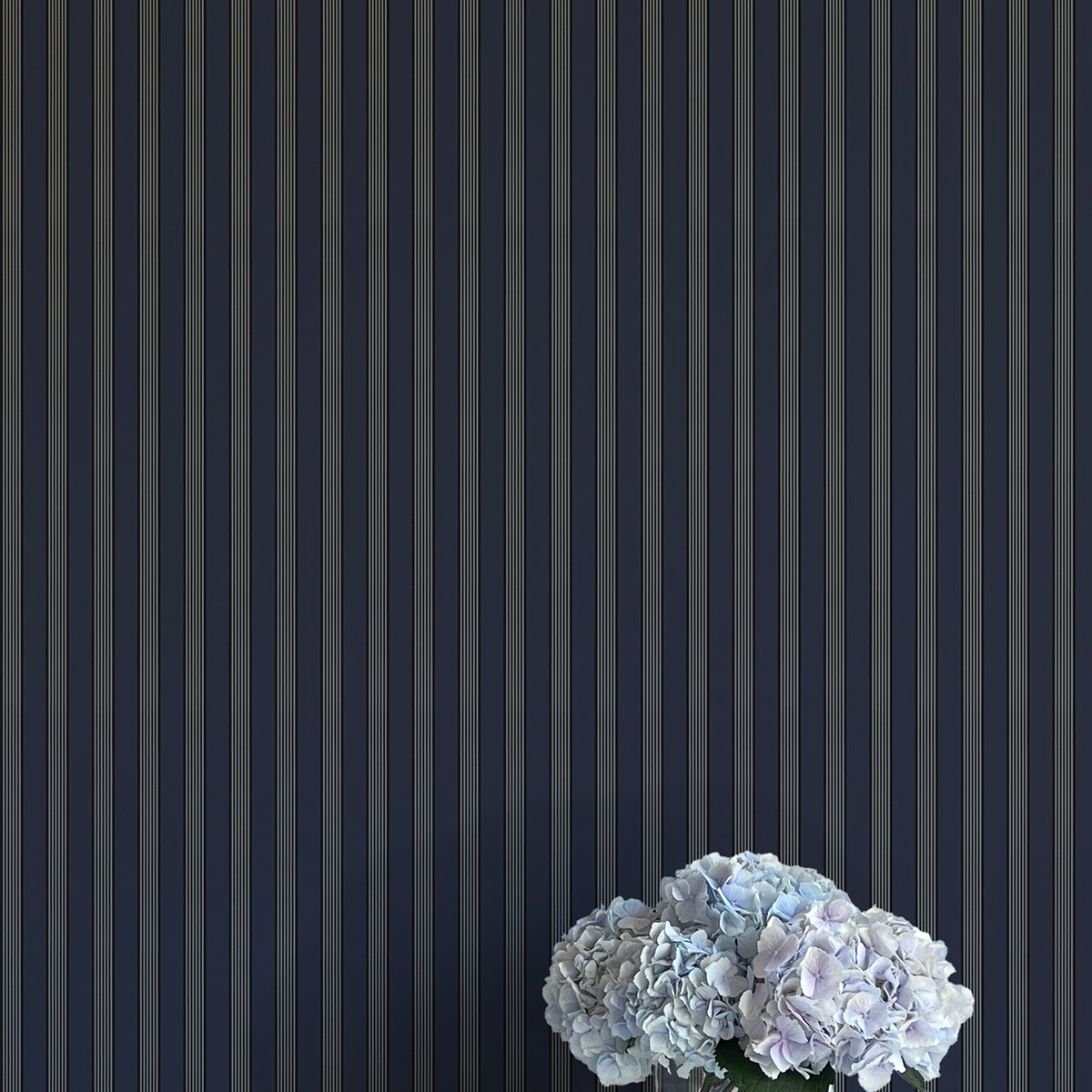 Vase of white flowers against a dark blue striped wall