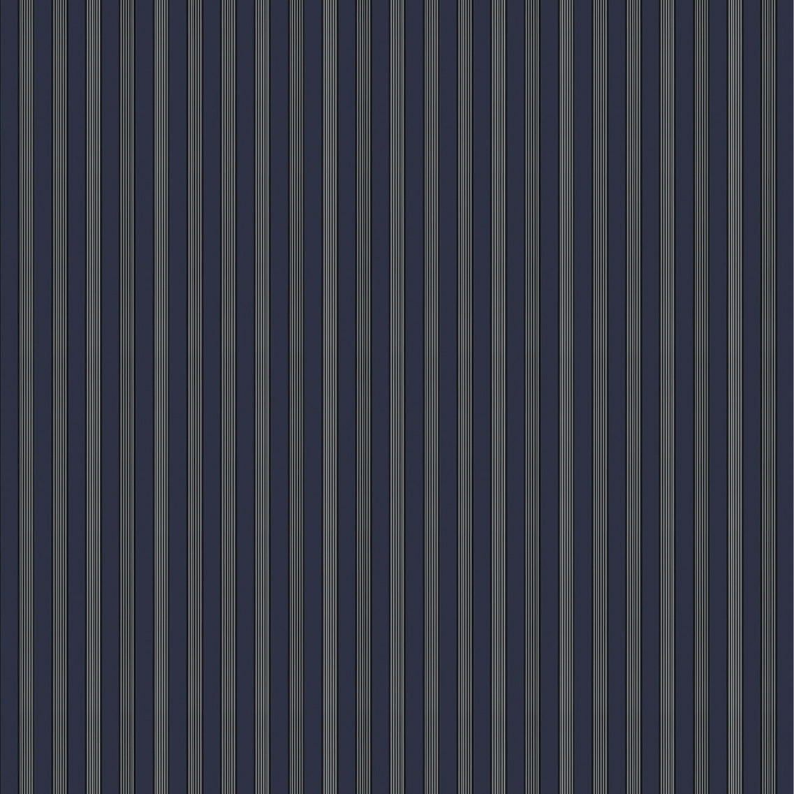 Mixed width striped wallpaper in navy blue, white and black.