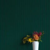 Potted plant with colorful flowers against a dark green striped wall.