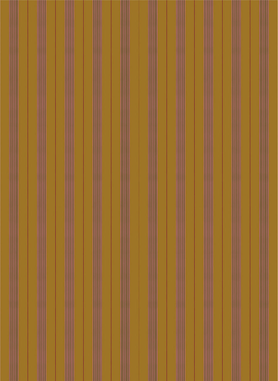 Mixed width striped wallpaper in ochre, pink and red. 