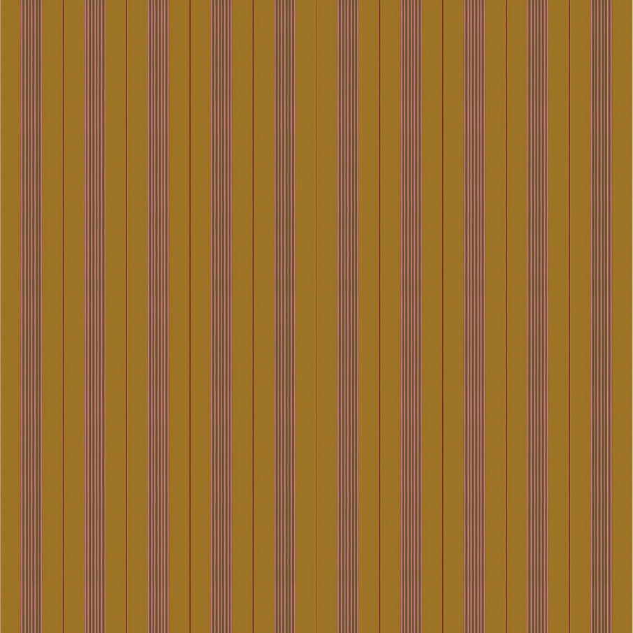 Mixed width striped wallpaper in ochre, pink and red. 