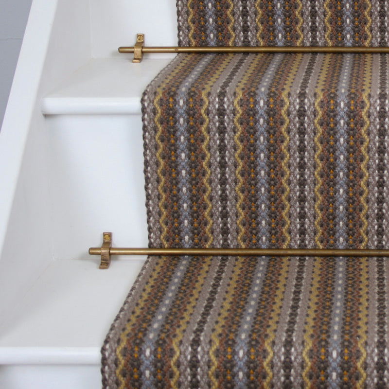 Striped flatweave runner in yellow brown taupe on white staircase