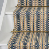 Striped flatweave runner in blue and cream on white staircase