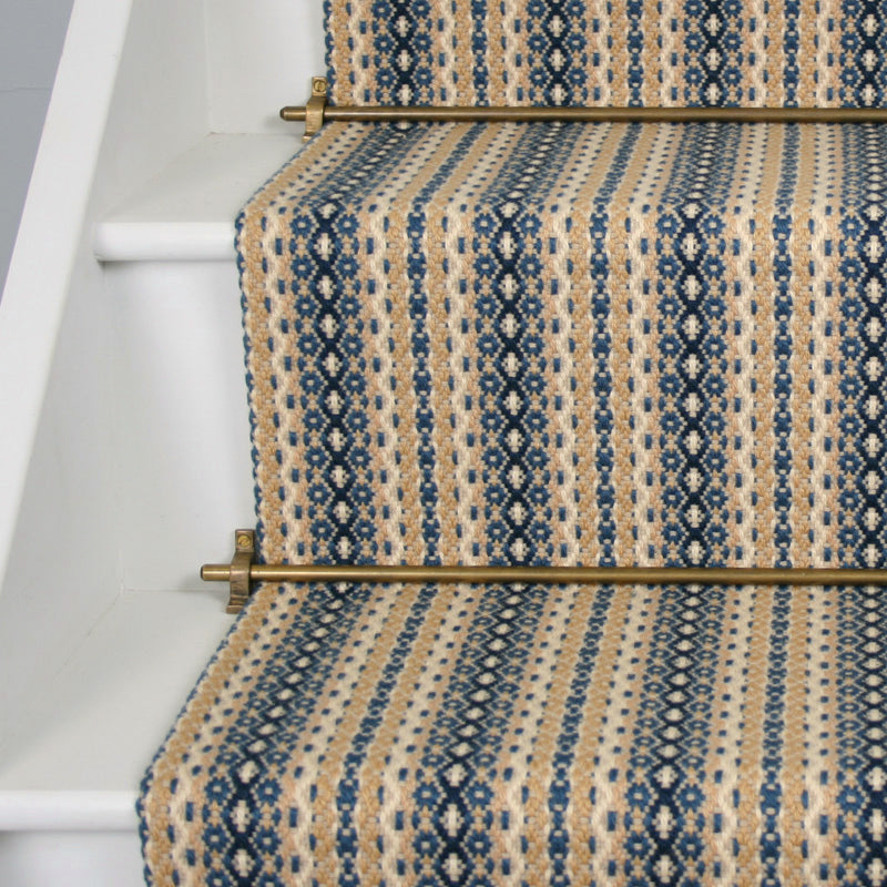 Striped flatweave runner in blue and cream on white staircase