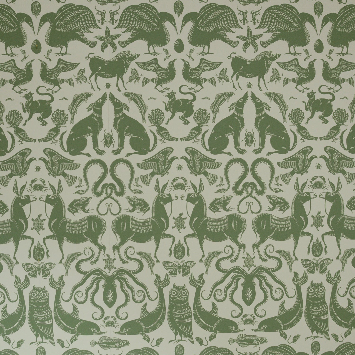 Wallpaper with animals and sea creatures in light green on a white background