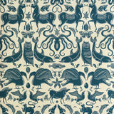 Wallpaper with animals and sea creatures in dark blue on a white background