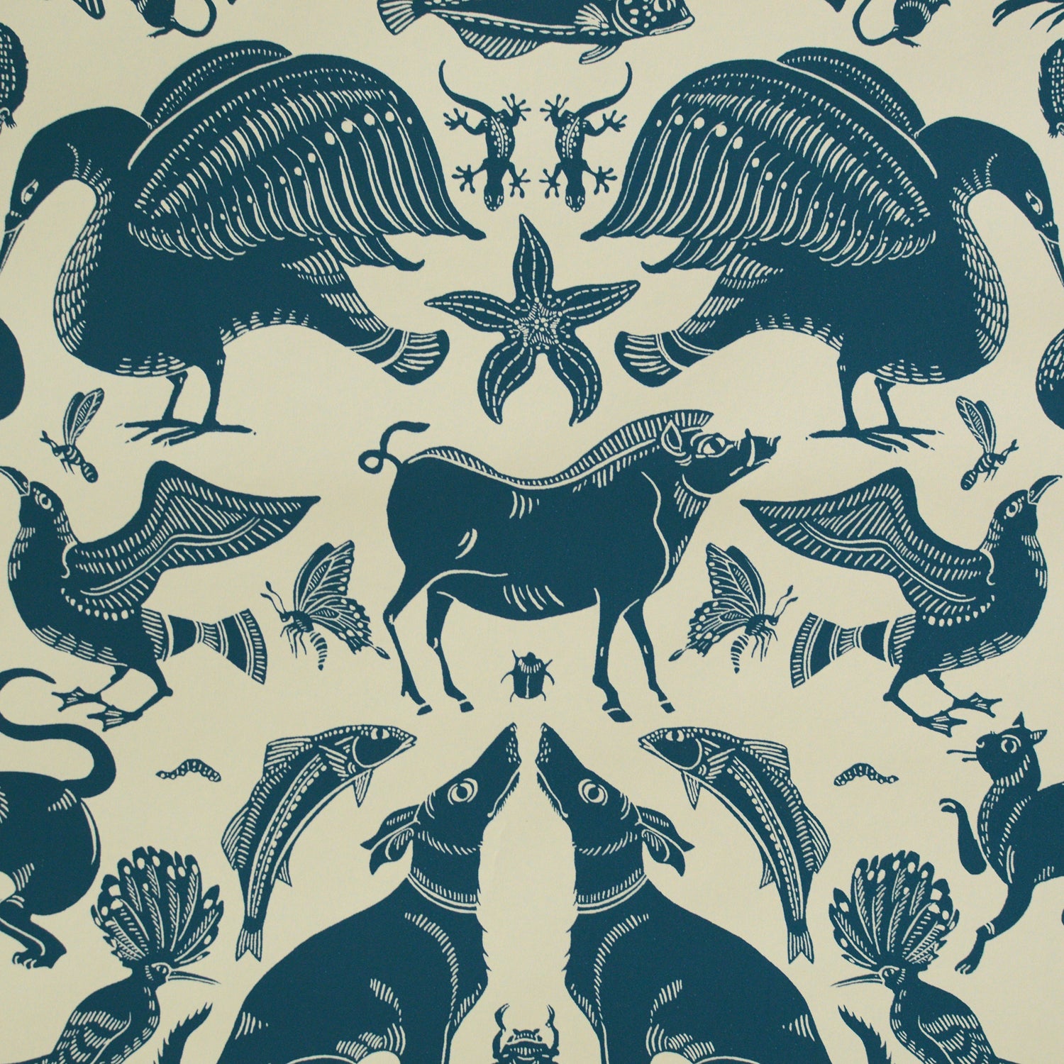 Pattern of blue animals and nature elements on a beige background