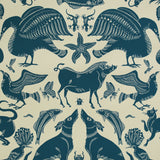 Pattern of blue animals and nature elements on a beige background