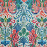 Colorful patterned fabric with intricate  coral oceanic plant designs on a white background