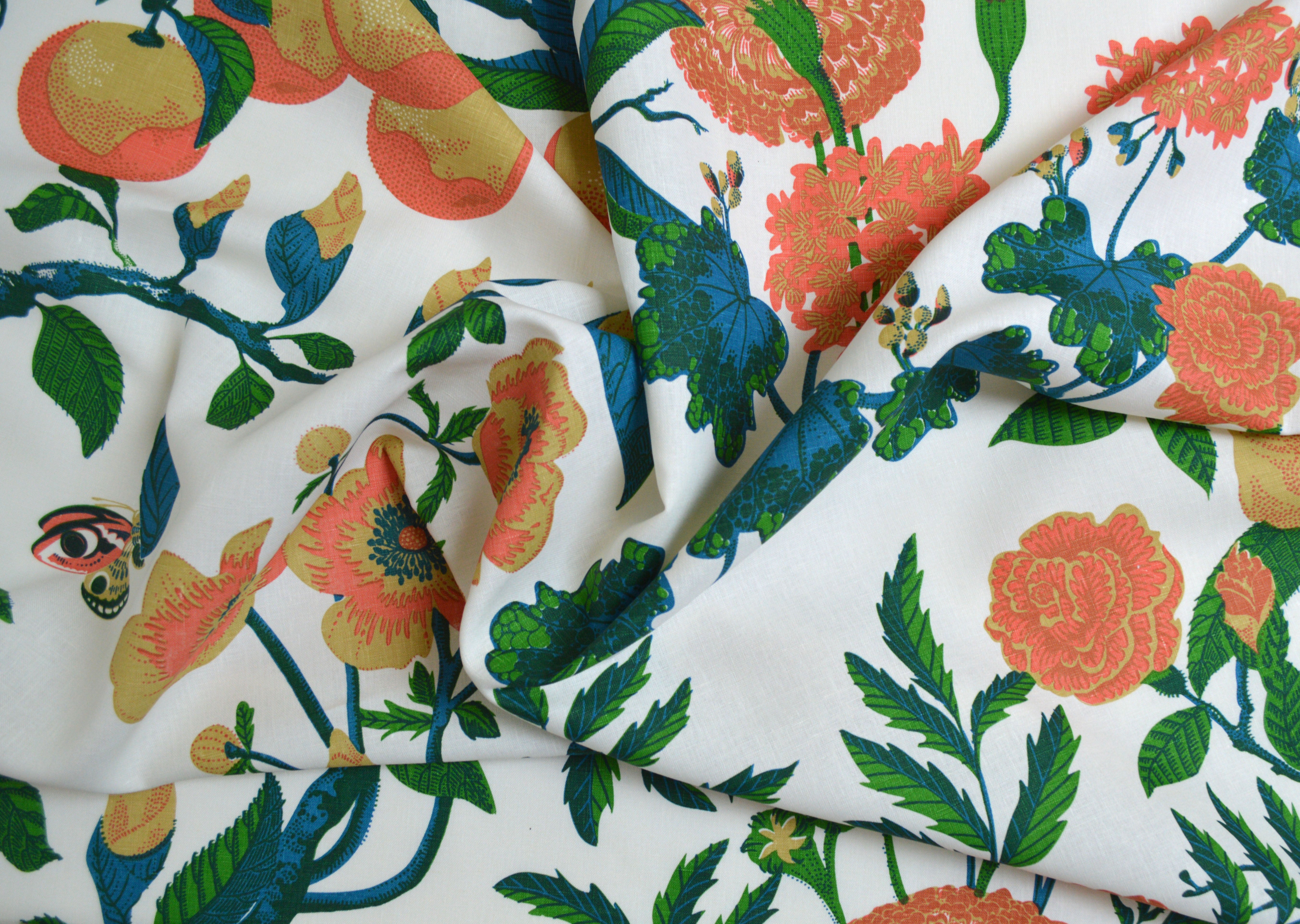 Floral and nature-themed fabric patterns on a white background